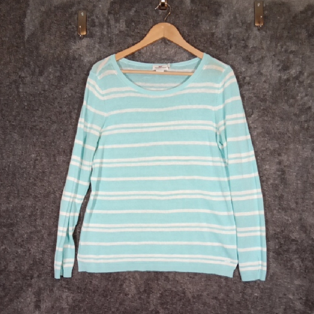 Vineyard Vines Mint and White Striped Crew Sweater Linen Blend Beach Sz Large